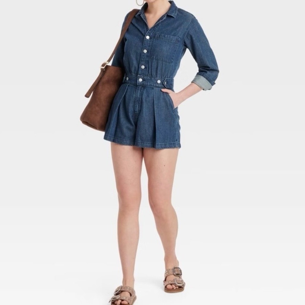 Universal Thread Denim Utility Romper Jumpsuit Blue Button Front Short Size 12 - Picture 7 of 7